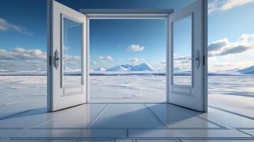 Surreal shot, a lone door standing in the middle of a desert. photo