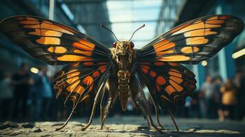 surrealista disparo, gigante mariposa descansando en un ciudad edificio. generativo ai foto