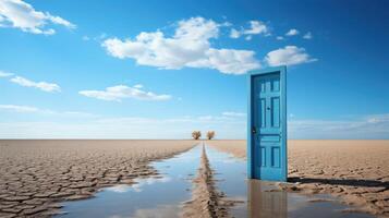 Surreal shot, a lone door standing in the middle of a desert. photo