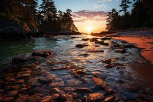 Changing tides on a secluded beach captured in a time-lapse shot. Generative AI photo