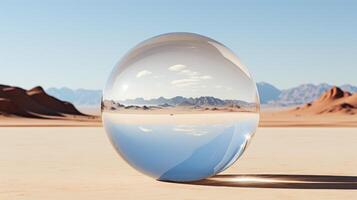 Floating sphere reflecting a desert within a desert. Generative AI photo