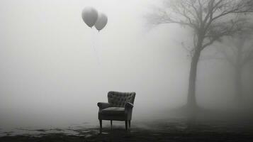 Surreal shot, single chair floating in a foggy void. Generative AI photo
