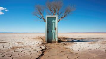 Surreal shot, a lone door standing in the middle of a desert. photo