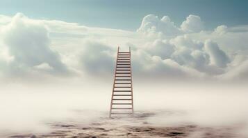 A single ladder leading up into a cloud in a minimalistic setting. Generative AI photo