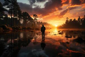 Silhouette of a fisherman at dusk standing at the edge of a lake. photo