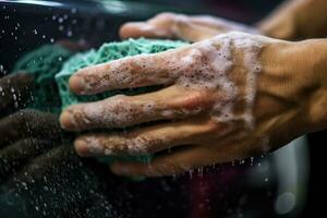 A man washing his car with a focus on his hands and the soapy sponge. Generative AI photo
