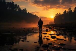 Silhouette of a fisherman at dusk standing at the edge of a lake. Generative AI photo