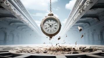 A pocket watch suspended in mid - air within an empty white room. photo
