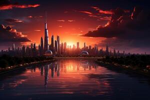 Wide - angle shot, iconic skyline of a futuristic city at sunset. Generative AI photo