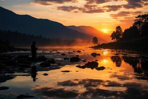 Silhouette of a fisherman at dusk standing at the edge of a lake. photo