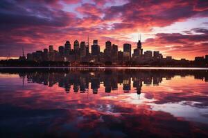 City skyline silhouetted against an orange and purple sky at sunset. Generative AI photo