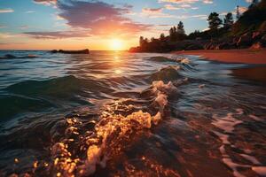 Changing tides on a secluded beach captured in a time-lapse shot. photo