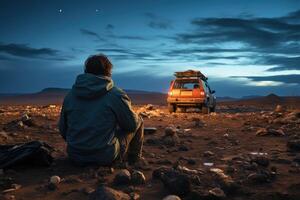 hombre mirando a el estrellas junto a su coche en un distante Desierto paisaje. generativo ai foto