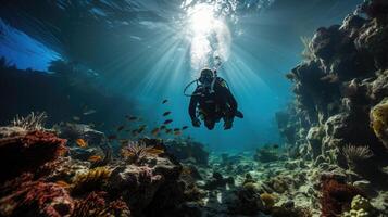 Underwater shot, scuba diver exploring coral reef, ocean. Generative AI photo