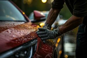 un hombre Lavado su coche con un atención en su manos y el jabonoso esponja. generativo ai foto
