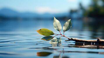 A single leaf floating on a perfectly still water surface. photo