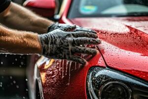 un hombre Lavado su coche con un atención en su manos y el jabonoso esponja. generativo ai foto