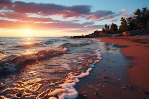 Changing tides on a secluded beach captured in a time-lapse shot. photo