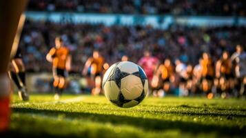 A focused photo of a ball in the air during a youth soccer team game