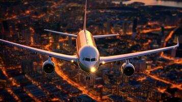 Photo of airplane gliding in the sky above night city lights landscape