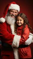 un Papa Noel claus y pequeño niña soportes aislado en un rojo antecedentes. foto