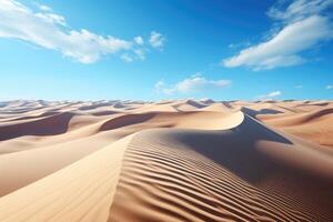 ondulación arena dunas en un amplio Desierto paisaje debajo un claro azul cielo. generativo ai foto