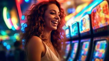 hermosa mujer jugando con espacio máquinas en casino. foto