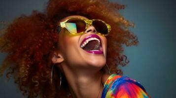 Fun beautiful african american woman wearing glasses standing in front of colorful background. photo