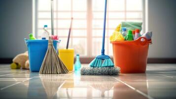 Cleaning supplies, mop and broom photo