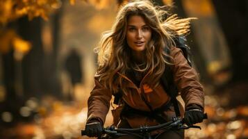 mujer montando un bicicleta en el bosque foto