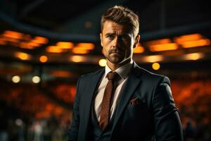 An image of a businessman standing confidently in a floodlit stadium. Generative AI photo