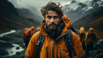 A group of mountaineers traveling with a camera photo