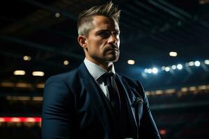An image of a businessman standing confidently in a floodlit stadium. Generative AI photo