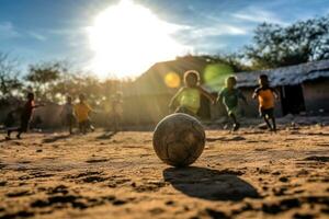 un grupo de niños en un remoto pueblo son jugando fútbol con un viejo, desgastado - fuera pelota debajo el vasto, abierto cielo. generativo ai foto