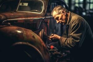 A mechanic tightens a bolt on a classic car in a garage, his hands dirty and scarred from hard work. Generative AI photo