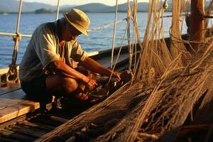 un antiguo pescador refacción su red en el de madera cubierta de un rústico bote. generativo ai foto