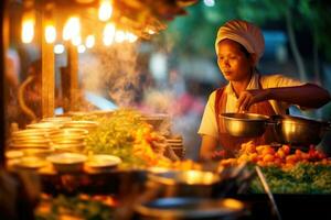On a bustling street market in Southeast Asia, a vendor is preparing traditional street food under the warm glow of hanging lanterns. Generative AI photo