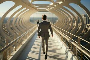 A businessman is sprinting across an expansive, modern bridge. Generative AI photo