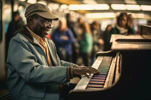At a bustling train station, a man plays an old piano. Generative AI photo