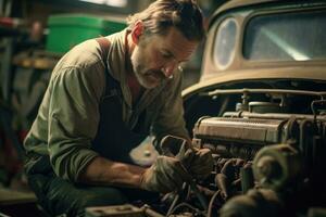 A mechanic tightens a bolt on a classic car in a garage, his hands dirty and scarred from hard work. Generative AI photo