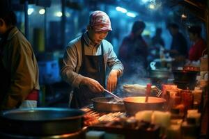 On a bustling street market in Southeast Asia, a vendor is preparing traditional street food under the warm glow of hanging lanterns. Generative AI photo