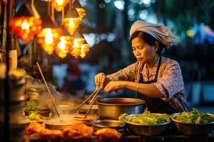 On a bustling street market in Southeast Asia, a vendor is preparing traditional street food under the warm glow of hanging lanterns. Generative AI photo