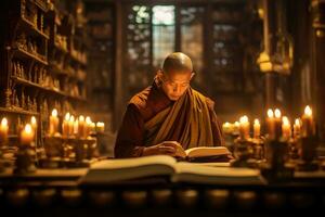 In a quiet, secluded monastery, a monk engrossed in ancient texts under the soft glow of the candles. Generative AI photo