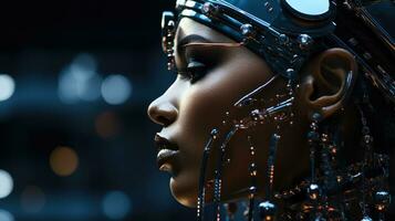 Futuristic shot, android woman observing the universe from a spaceship. Generative AI photo