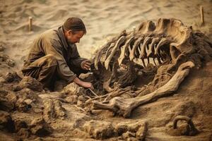 a un remoto arqueológico excavar, un científico destapa el fosilizado permanece de un prehistórico criatura. generativo ai foto