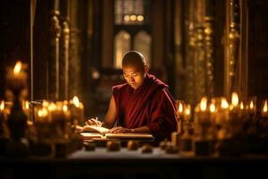 In a quiet, secluded monastery, a monk engrossed in ancient texts under the soft glow of the candles. Generative AI photo