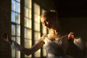 un profesional ballet bailarín practicas en un iluminado por el sol estudio. generativo ai foto