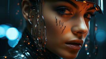 Futuristic shot, human merging with digital code. Generative AI photo