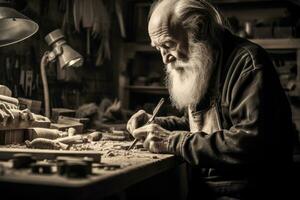 In a bustling workshop, a craftsman meticulously shapes a piece of wood. Generative AI photo