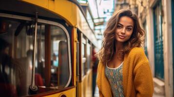 Young beautiful woman posing next to the tram on the streets of Europe photo